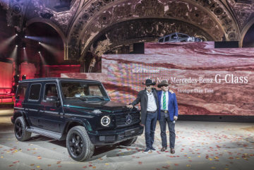 Mercedes-Benz New Year's Reception on the eve of the 2018 North American International Auto Show (NAIAS) and World Premiere of the new Mercedes-Benz G-Class.
Dr. Dieter Zetsche, Chairman of the Board of Management of Daimler AG and Head of Mercedes-Benz Cars, and Arnold Schwarzenegger, Hollywood Actor and former Governor of California, presenting the Mercedes-Benz G-Class.