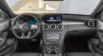 Mercedes-AMG C43 4MATIC Sedan, Night package und AMG Carbon- package II, Interior: Leather black with red contrast ornamental seam, Steering wheel: AMG steering wheel in leather Nappa, Body trim: AMG body trim carbon / aluminium with lengthwise grinding bright