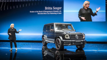 Britta Seeger, Member of the Board of Management for Mercedes-Benz Cars Marketing& Sales presenting the new Mercedes-AMG G 63, the new generation of the off-road legend by Mercedes-AMG.