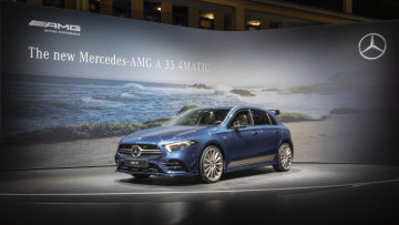 Mercedes-AMG A 35 4MATIC at "Meet Mercedes".  At the Molitor, the former iconic swimming pool converted into a luxury hotel in 2014, invited journalists enjoyed an exclusive insight into several new products and technologies from the brand with the three-pointed star.  (fuel consumption combined 7.4-7.3 l/100 km; CO2 emissions combined 169-167 g/km)