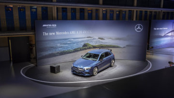 Mercedes-AMG A 35 4MATIC at "Meet Mercedes".  At the Molitor, the former iconic swimming pool converted into a luxury hotel in 2014, invited journalists enjoyed an exclusive insight into several new products and technologies from the brand with the three-pointed star.  (fuel consumption combined 7.4-7.3 l/100 km; CO2 emissions combined 169-167 g/km)