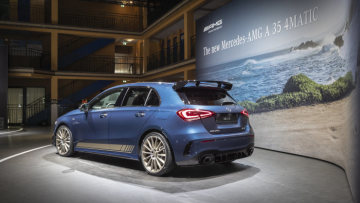 Mercedes-AMG A 35 4MATIC at "Meet Mercedes".  At the Molitor, the former iconic swimming pool converted into a luxury hotel in 2014, invited journalists enjoyed an exclusive insight into several new products and technologies from the brand with the three-pointed star.  (fuel consumption combined 7.4-7.3 l/100 km; CO2 emissions combined 169-167 g/km)