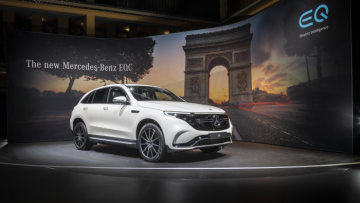 The new Mercedes EQC, the first battery-electric vehicle from the EQ product and technology brand at "Meet Mercedes".  At the Molitor, the former iconic swimming pool converted into a luxury hotel in 2014, invited journalists enjoyed an exclusive insight into several new products and technologies from the brand with the three-pointed star.  (combined power consumption: 22.2 kWh/100 km; combined CO2 emissions: 0 g/km, provisional).
