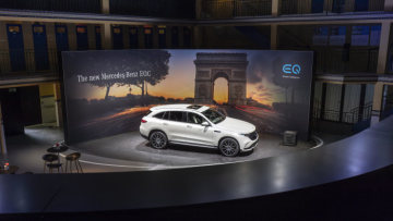 The new Mercedes EQC, the first battery-electric vehicle from the EQ product and technology brand at "Meet Mercedes".  At the Molitor, the former iconic swimming pool converted into a luxury hotel in 2014, invited journalists enjoyed an exclusive insight into several new products and technologies from the brand with the three-pointed star.  (combined power consumption: 22.2 kWh/100 km; combined CO2 emissions: 0 g/km, provisional).