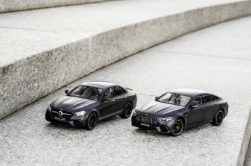 Mercedes-AMG GT 63 4MATIC+ 4-door Coupé, designo graphite gray  magno  &  Mercedes-AMG E 63 S 4MATIC+, designo night black magno in 1:18 scale